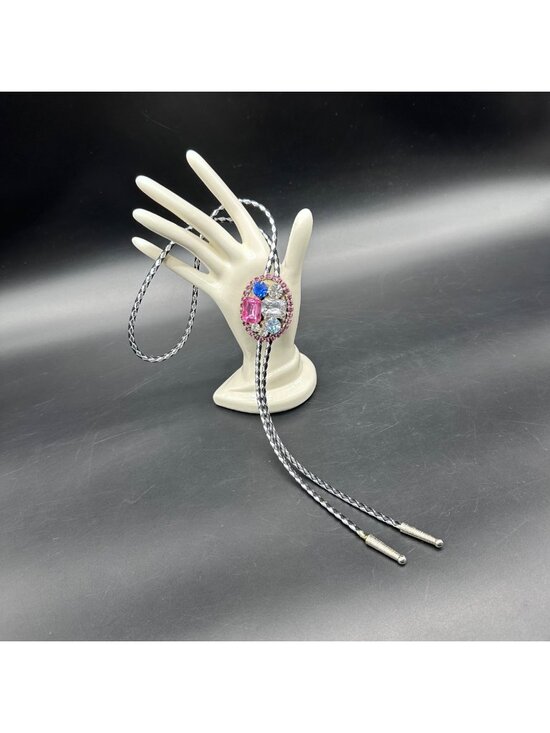 Accessories - Vintage Bolo Tie Pink Blue Clear Plastic Gems Braided Cord Adjustable Western